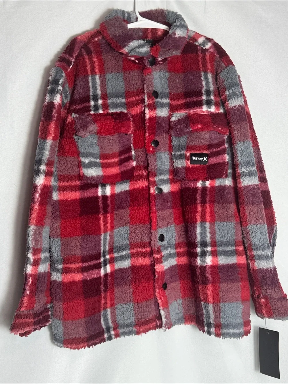 Hurley Red & Gray Plaid Sherpa Shacket Boys Size Medium